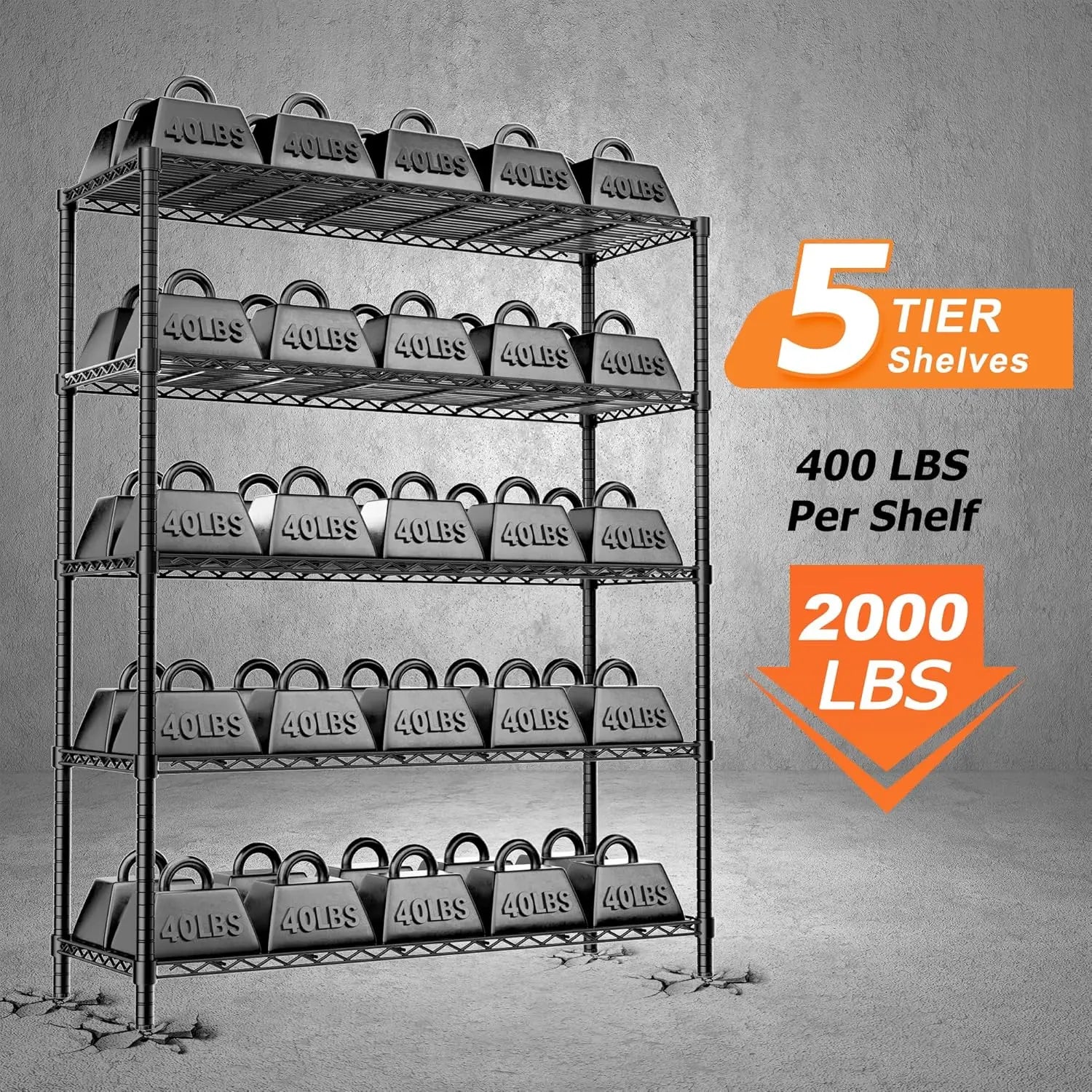 Hausvita Storage Shelves Heavy Duty, 48" L x 20" W x 72" H Garage Wire Shelving Unit Loads 2000LBS, 5-tier Adjustable Metal Industrial Utility Shelf Rack for Kitchen, Laundry Room, Pantry, Warehouse, Basement