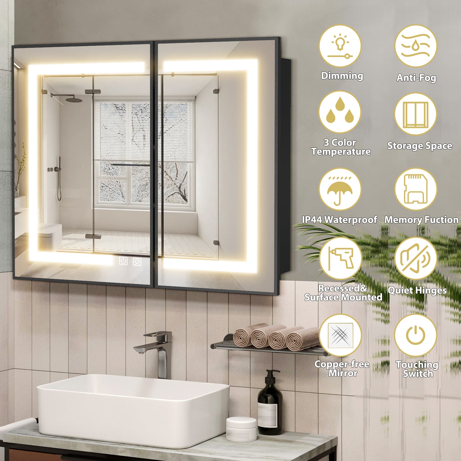 Hausvita Framed Recessed LED Light Bathroom Medicine Cabinet -medium