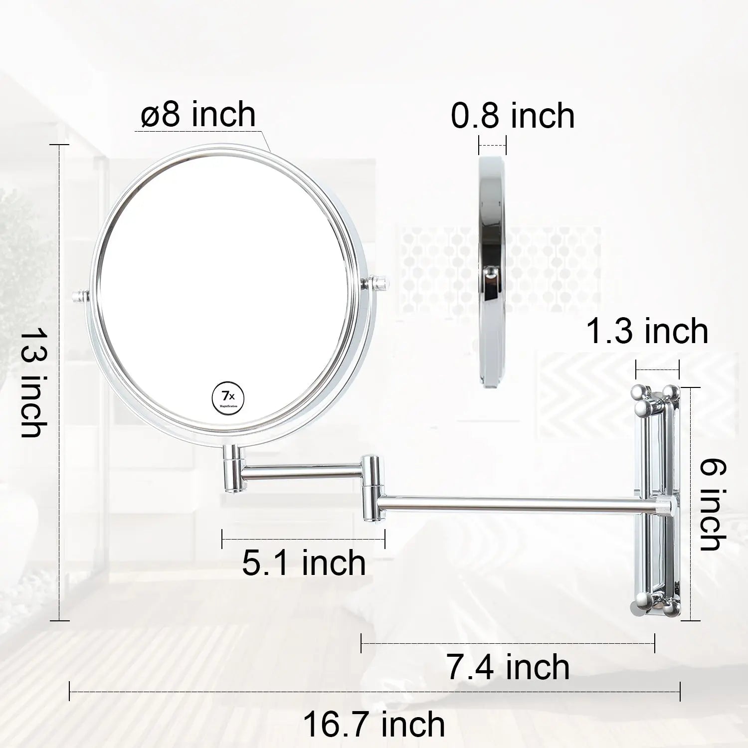 8-inch Height Adjustable Pivot Mirrors for Bathrooms 