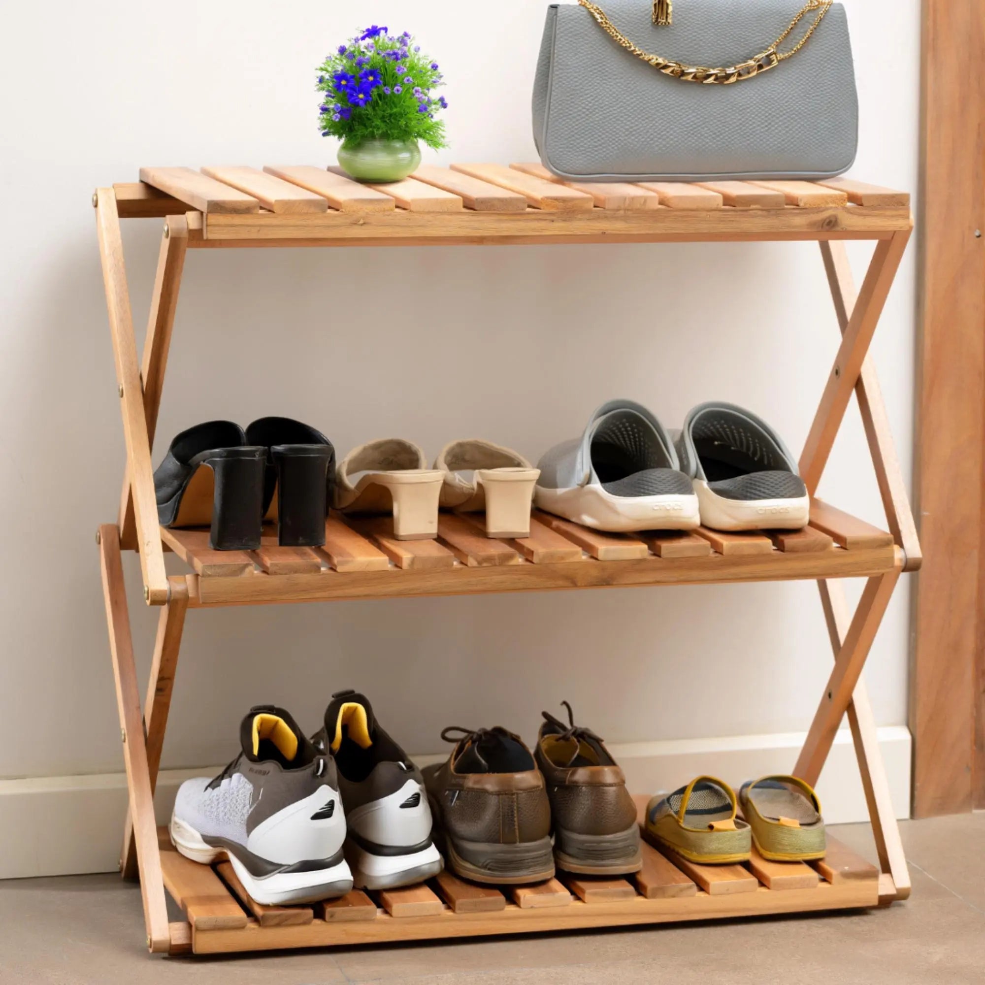 Acacia 3 Tiers Wooden Plants Stand Foldable Shoe Rack 