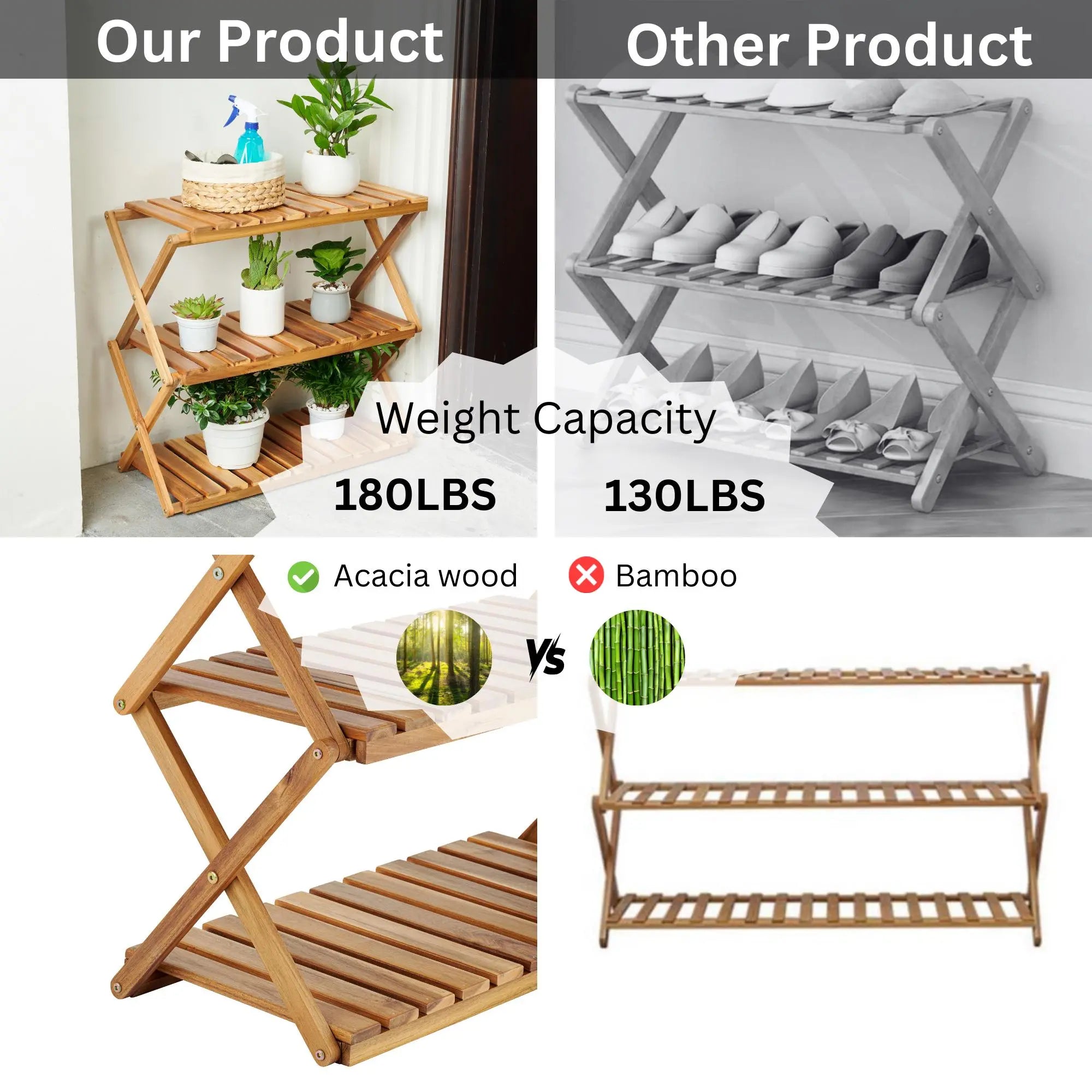 Acacia 3 Tiers Wooden Plants Stand Foldable Shoe Rack 