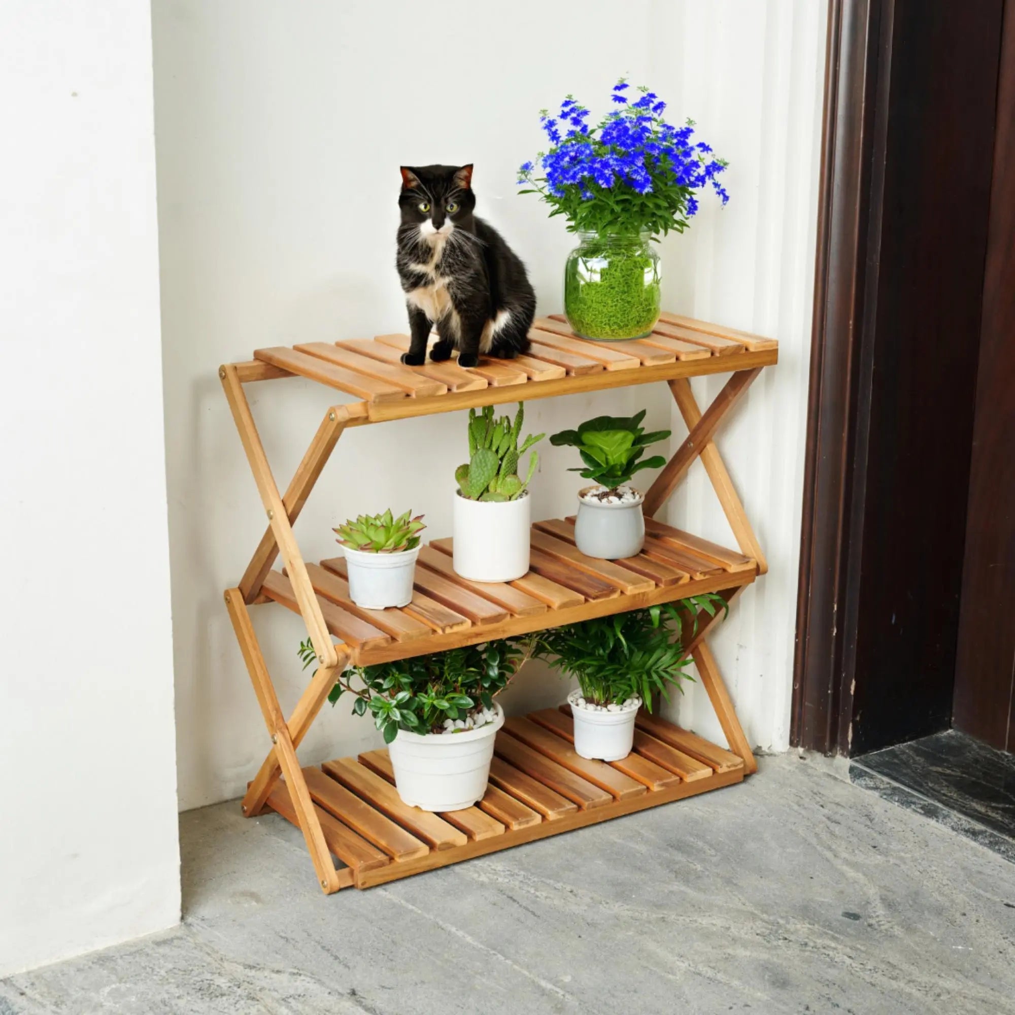 Acacia 3 Tiers Wooden Plants Stand Foldable Shoe Rack 