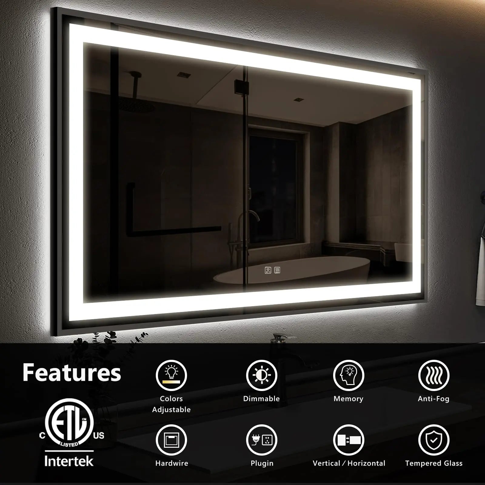 Black Aluminum Framed LED Bathroom Mirror 