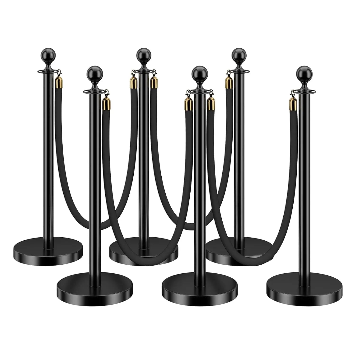 HAUSVITA 6PCS Black Velvet Rope Stanchion Post with Stainless Steel Gold Stanchions 