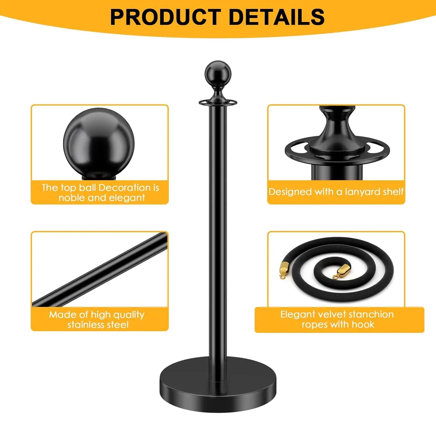 HAUSVITA 6PCS Black Velvet Rope Stanchion Post with Stainless Steel Gold Stanchions 