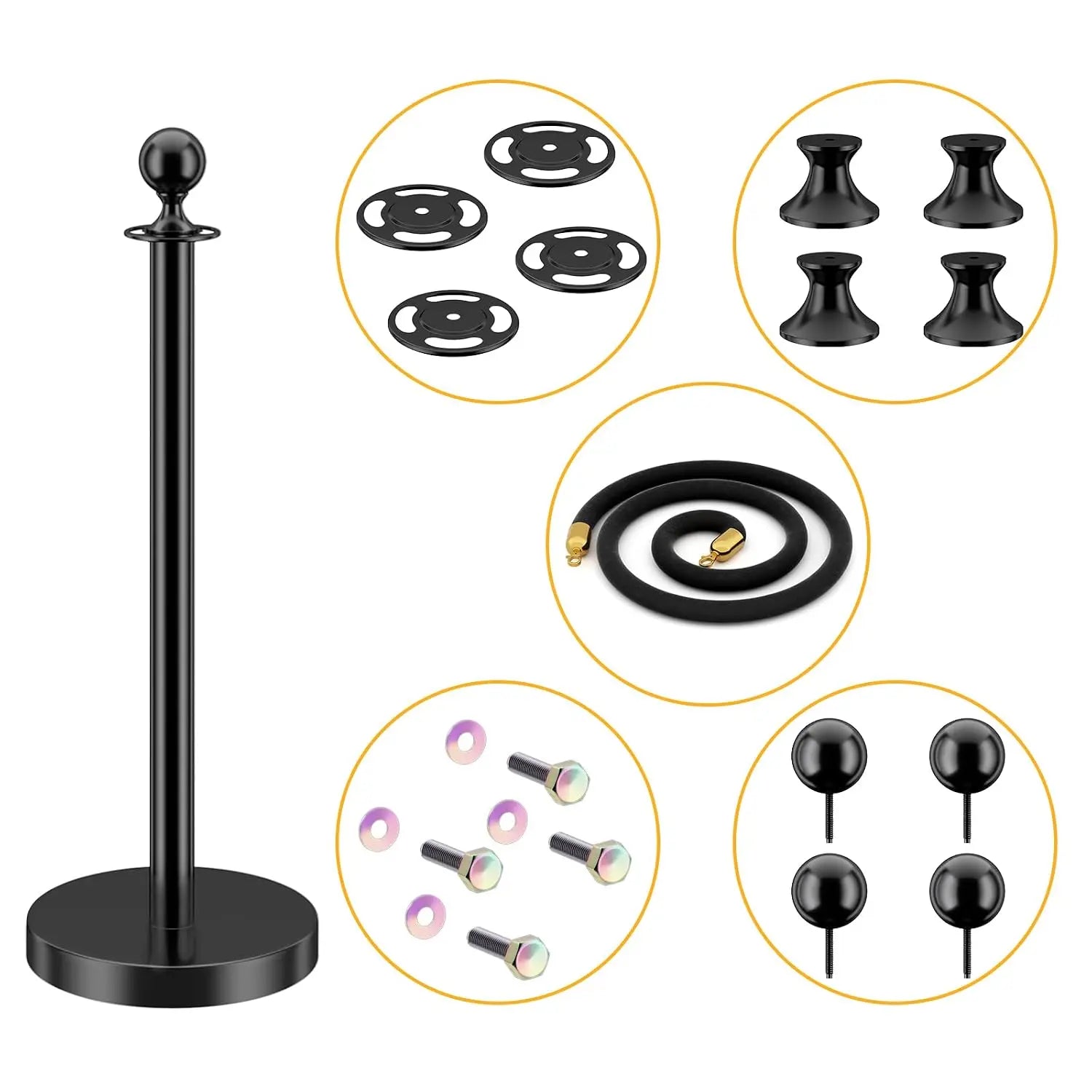 HAUSVITA 6PCS Black Velvet Rope Stanchion Post with Stainless Steel Gold Stanchions 
