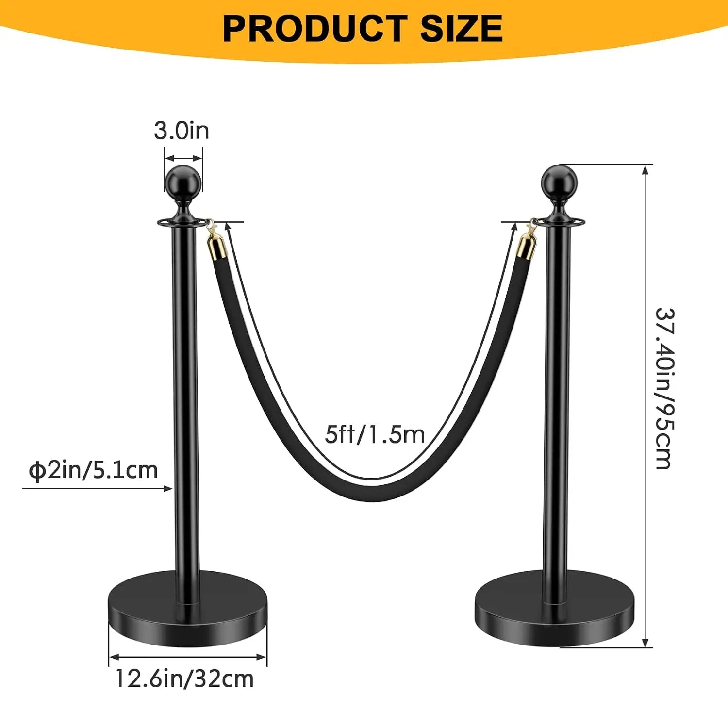 HAUSVITA 6PCS Black Velvet Rope Stanchion Post with Stainless Steel Gold Stanchions 