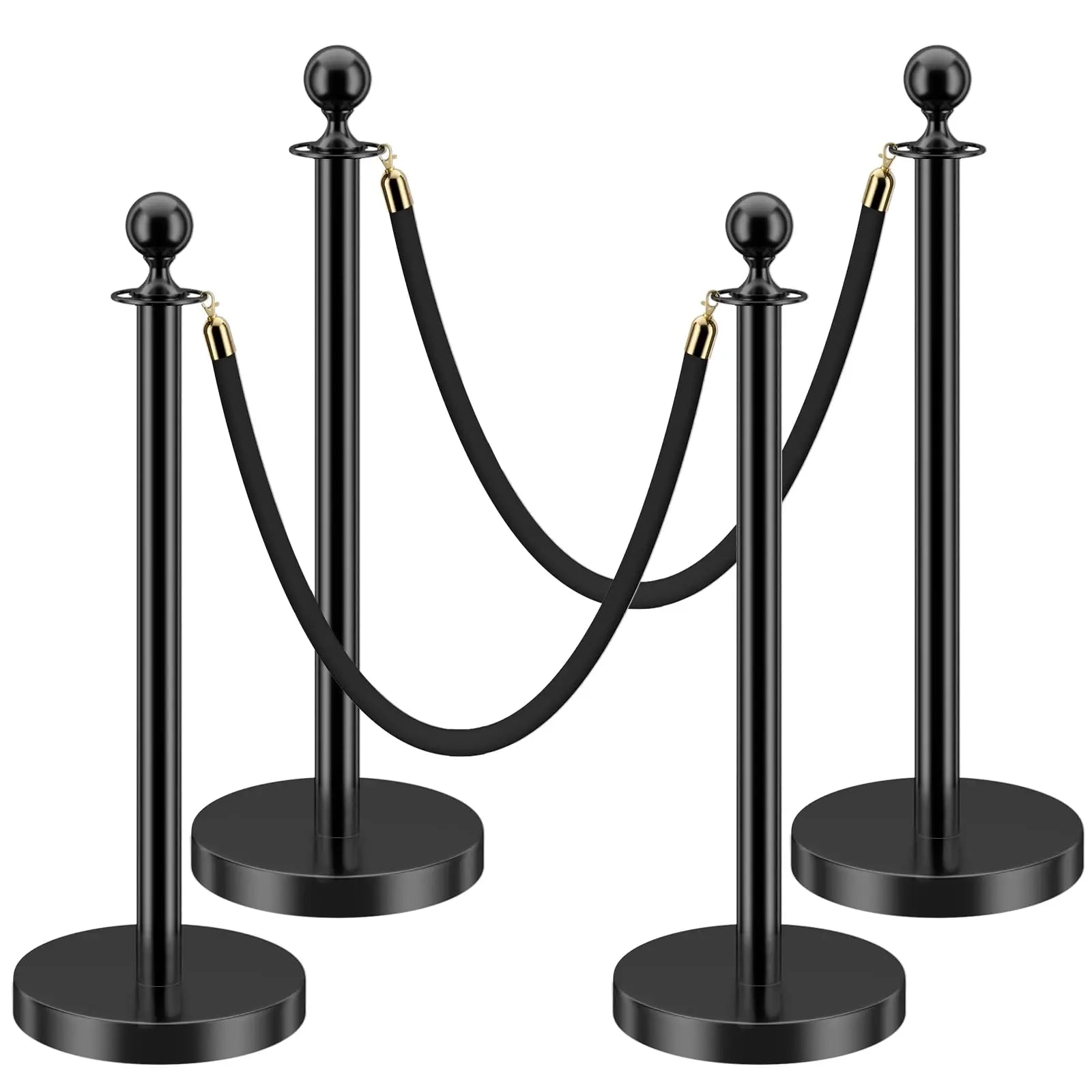 HAUSVITA 6PCS Black Velvet Rope Stanchion Post with Stainless Steel Gold Stanchions 