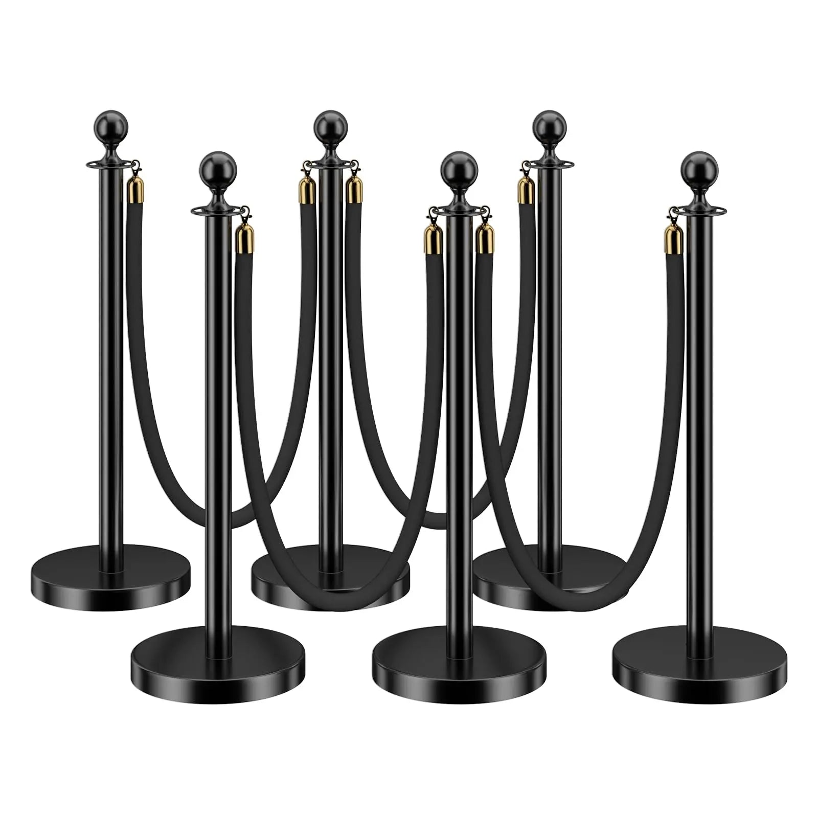 HAUSVITA 6PCS Black Velvet Rope Stanchion Post with Stainless Steel Gold Stanchions 