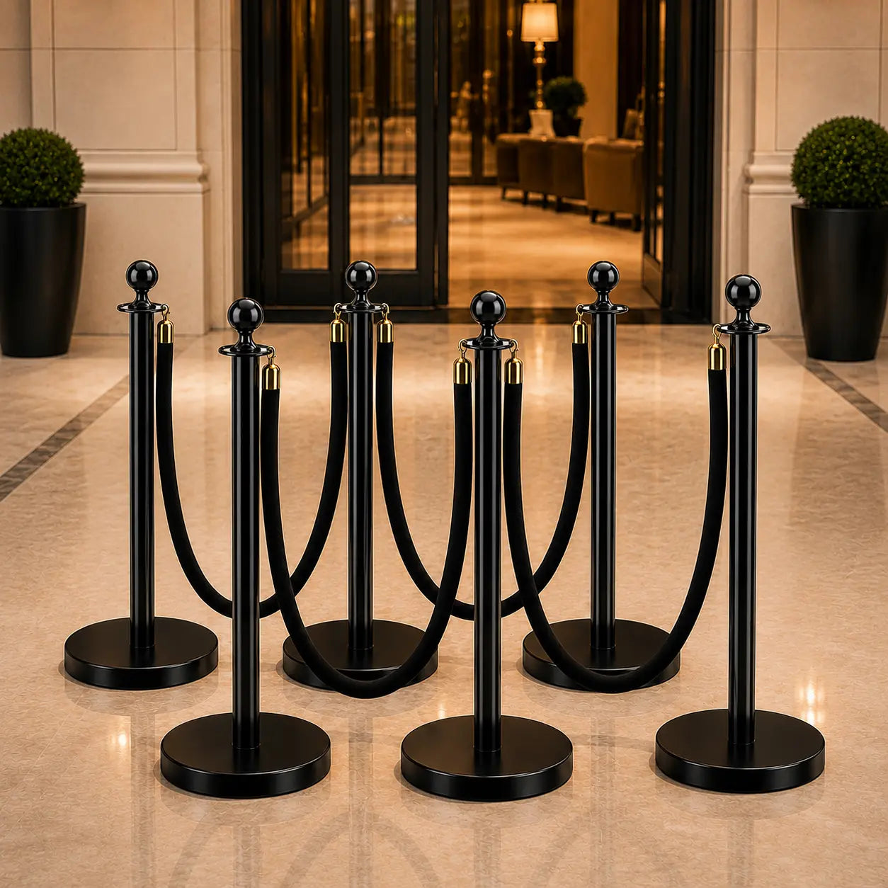 HAUSVITA 6PCS Black Velvet Rope Stanchion Post with Stainless Steel Gold Stanchions 