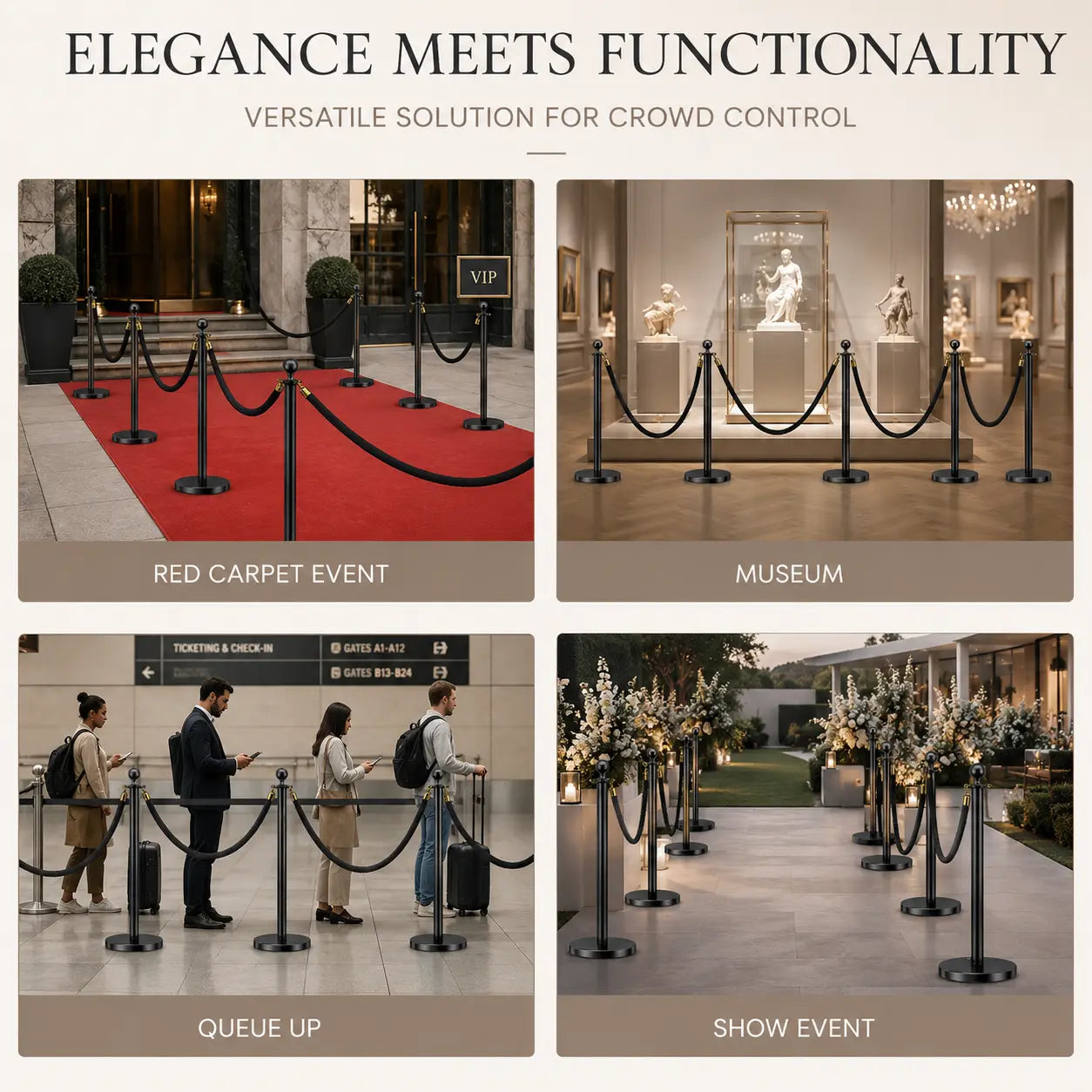 HAUSVITA 6PCS Black Velvet Rope Stanchion Post with Stainless Steel Gold Stanchions 