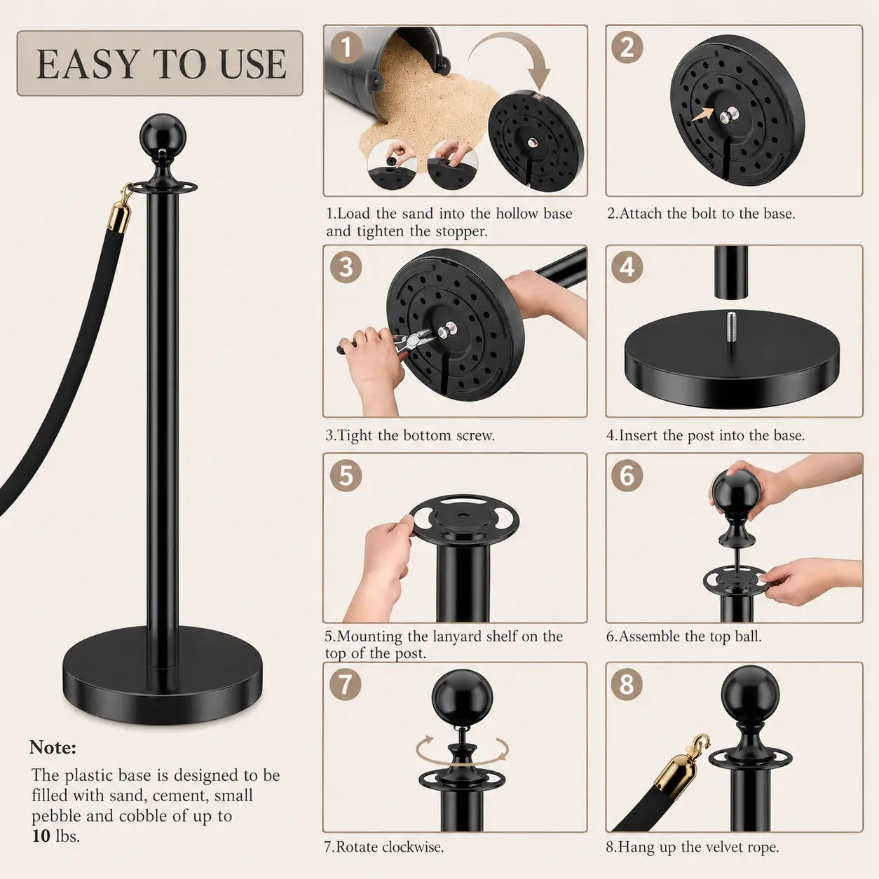 HAUSVITA 6PCS Black Velvet Rope Stanchion Post with Stainless Steel Gold Stanchions 