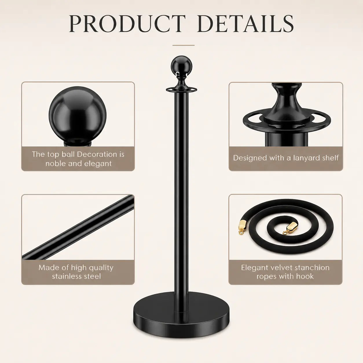 HAUSVITA 6PCS Black Velvet Rope Stanchion Post with Stainless Steel Gold Stanchions 