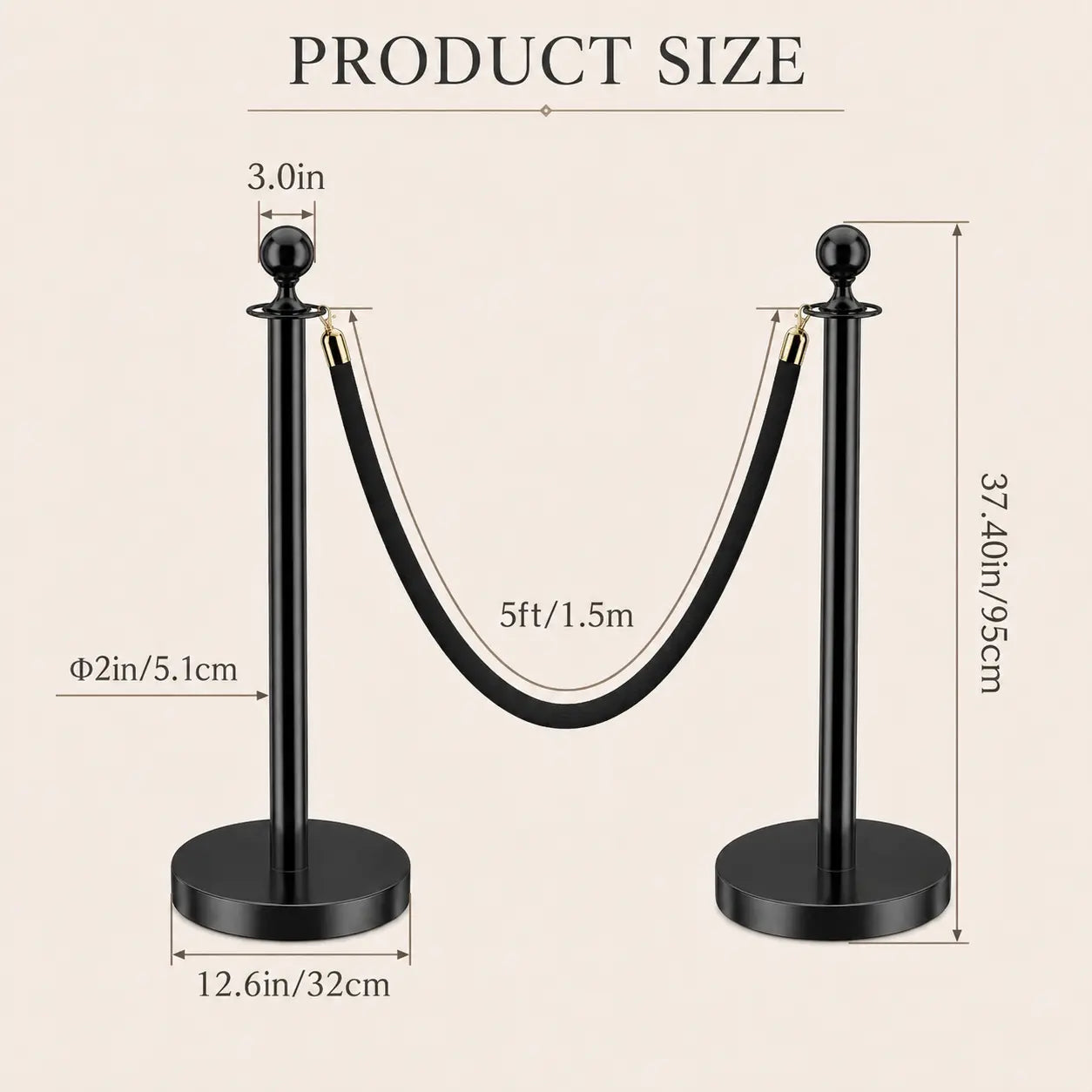 HAUSVITA 6PCS Black Velvet Rope Stanchion Post with Stainless Steel Gold Stanchions 