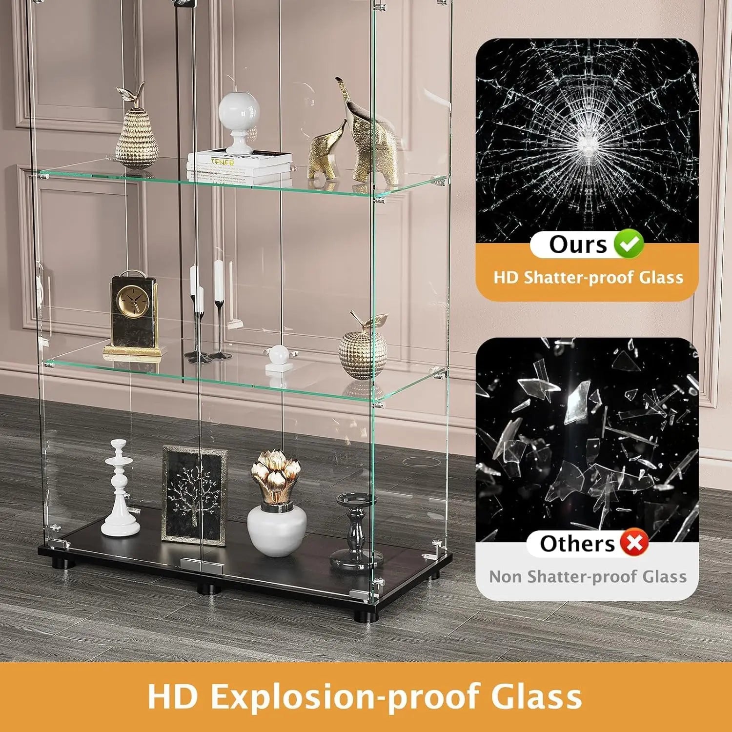 HAUSVITA  Glass Display Cabinet with 3 Shelves and Double Doors 