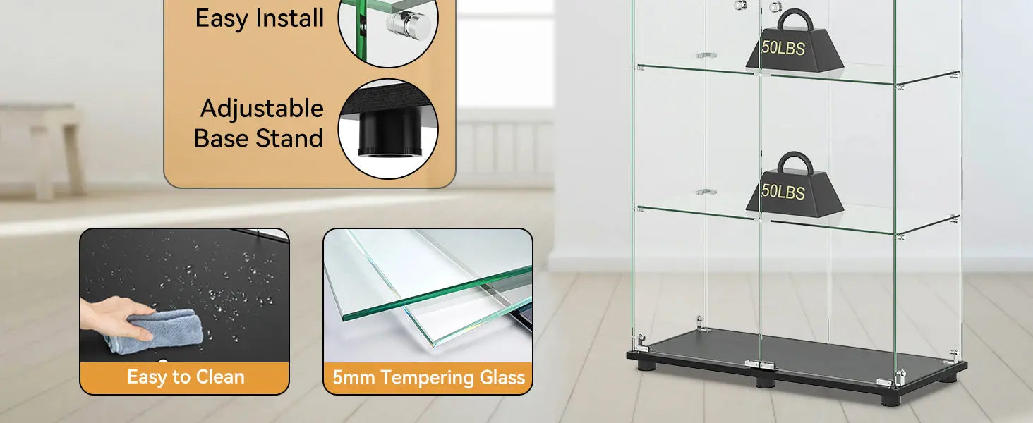 HAUSVITA  Glass Display Cabinet with 3 Shelves and Double Doors 