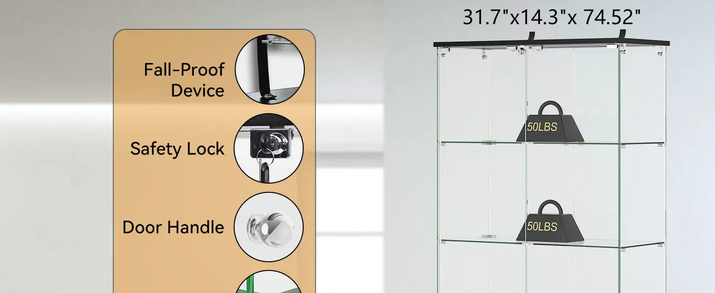 HAUSVITA  Glass Display Cabinet with 3 Shelves and Double Doors 
