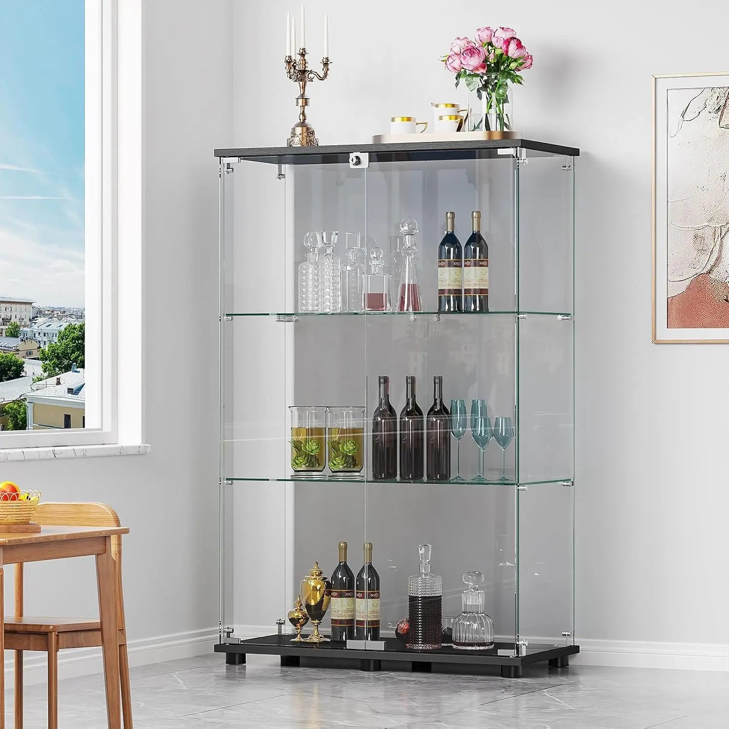 HAUSVITA  Glass Display Cabinet with 3 Shelves and Double Doors 