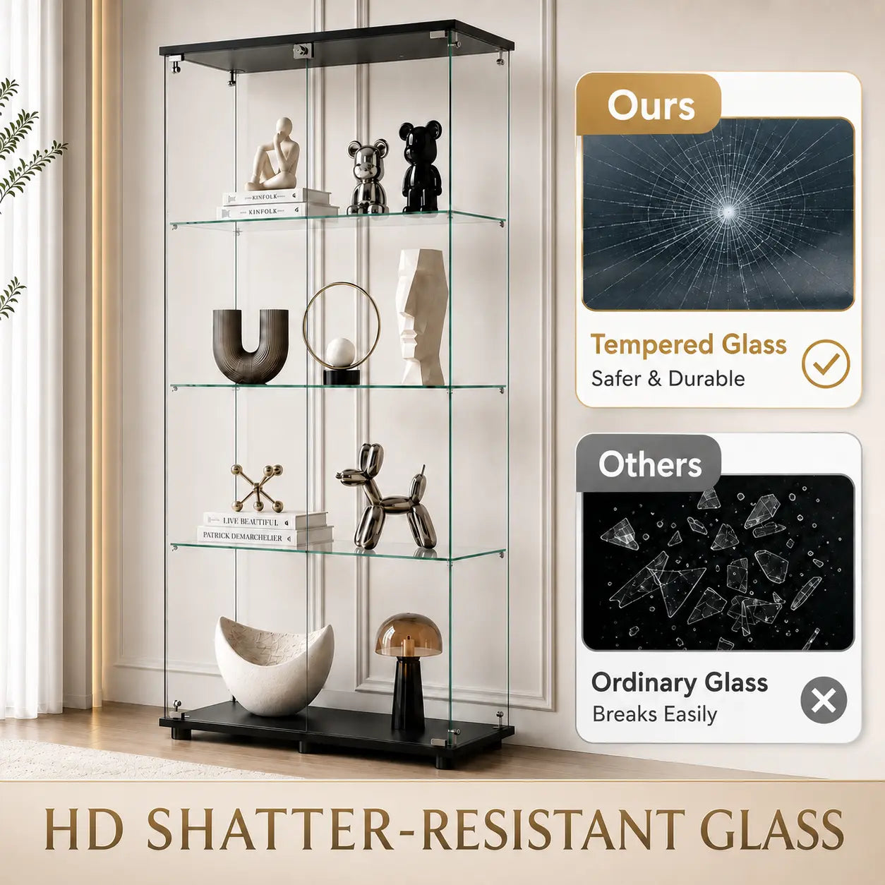 HAUSVITA  Glass Display Cabinet with 3 Shelves and Double Doors 