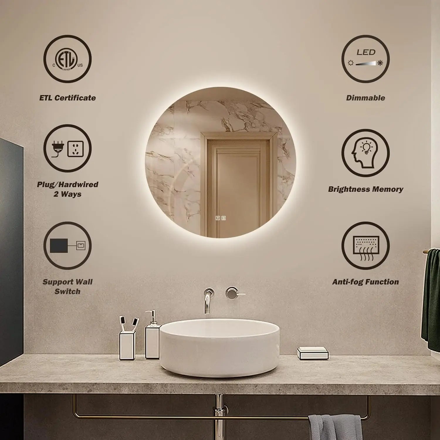 HAUSVITA  Round Sleek Backlit LED Bathroom Mirror 