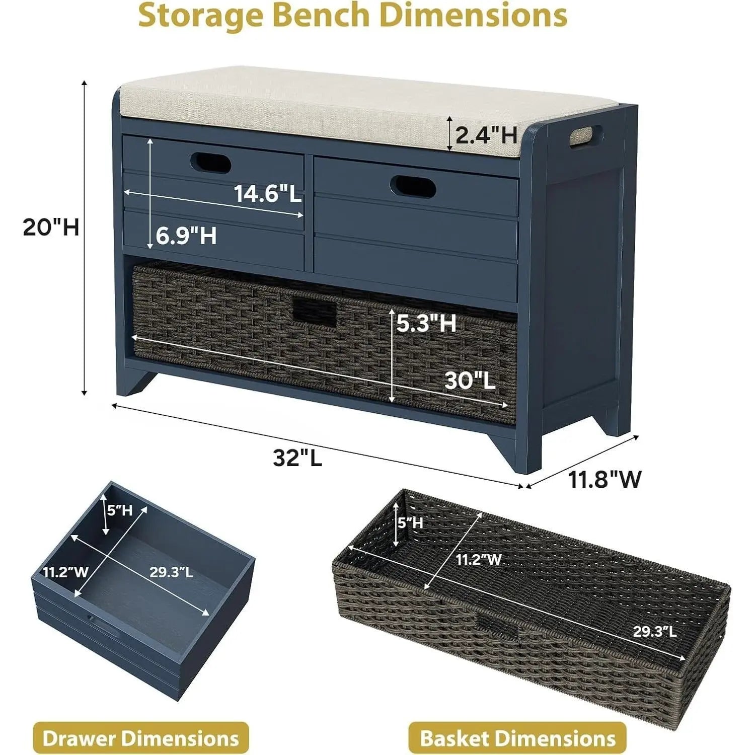 Hausvita 32" Storage Bench for Entryway, Shoe Bench with Storage Removable Basket and 2 Drawers 