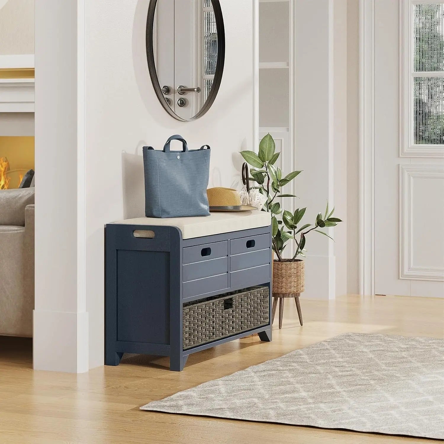 Hausvita 32" Storage Bench for Entryway, Shoe Bench with Storage Removable Basket and 2 Drawers 