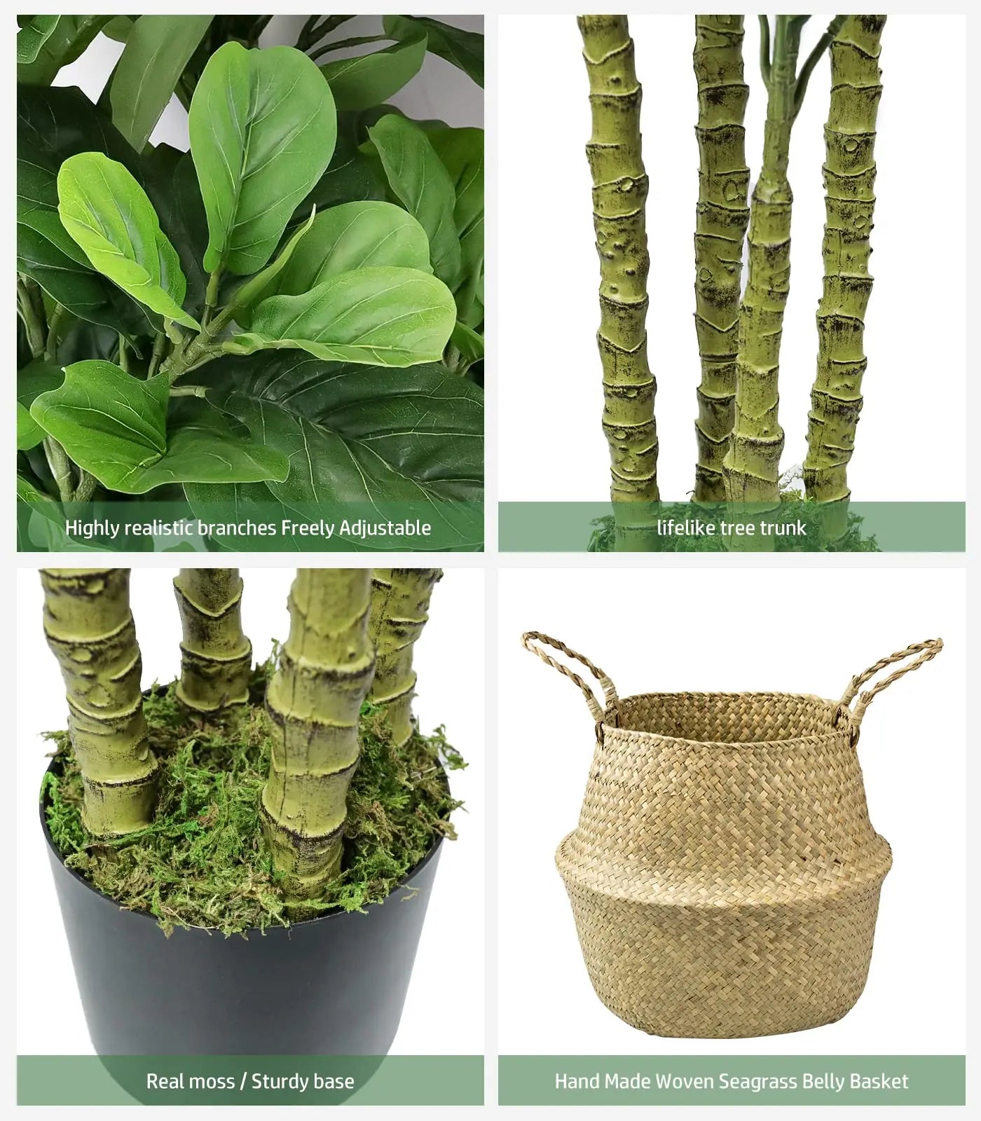 Hausvita 6ft Artificial Fiddle Leaf Fig Tree with Woven Seagrass Plant Basket 