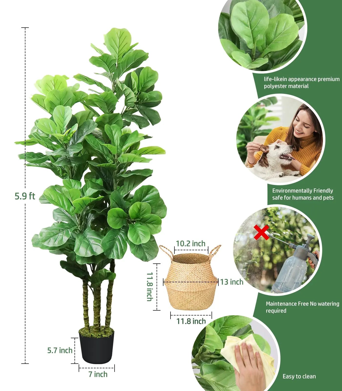 Hausvita 6ft Artificial Fiddle Leaf Fig Tree with Woven Seagrass Plant Basket 