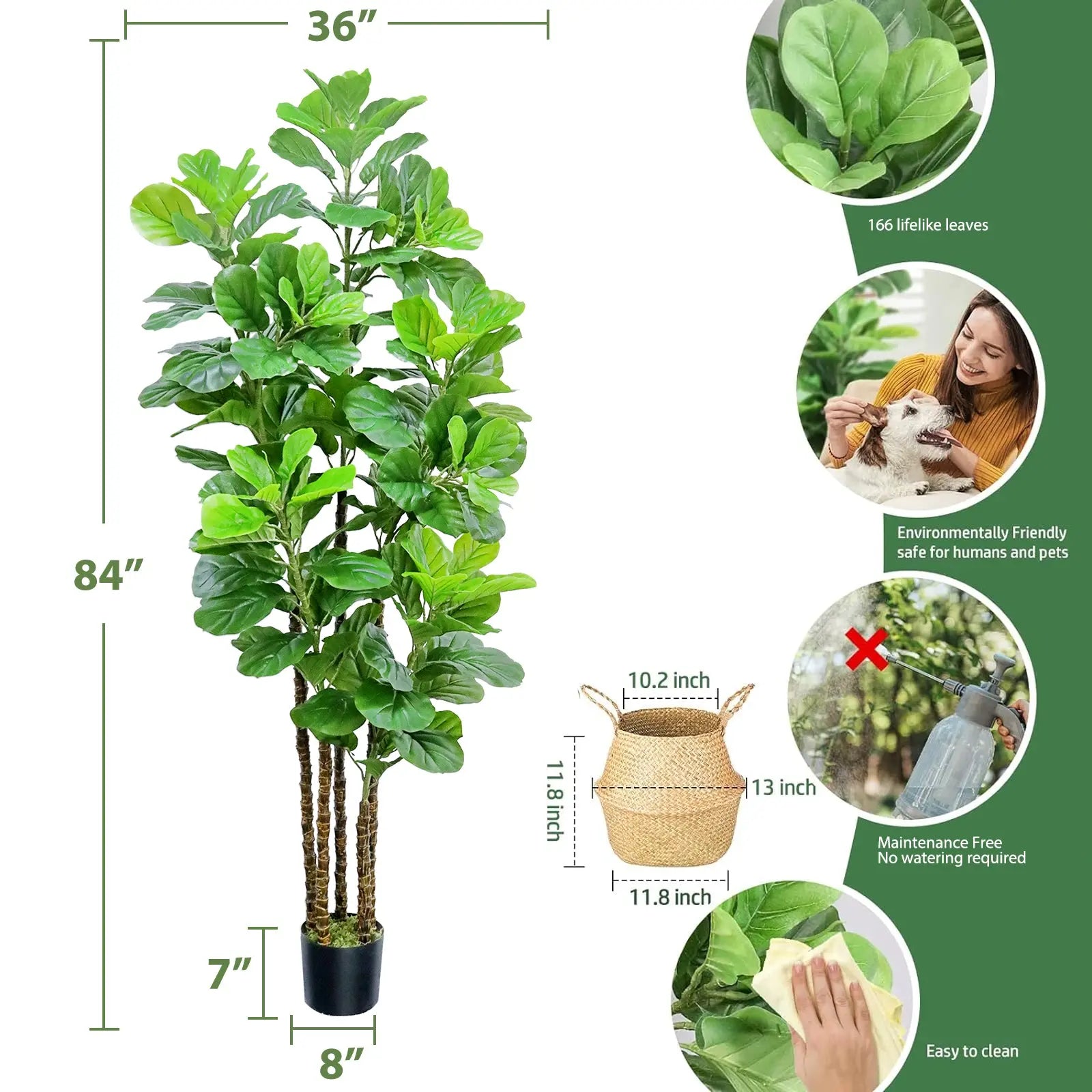 Hausvita 6ft Artificial Fiddle Leaf Fig Tree with Woven Seagrass Plant Basket 