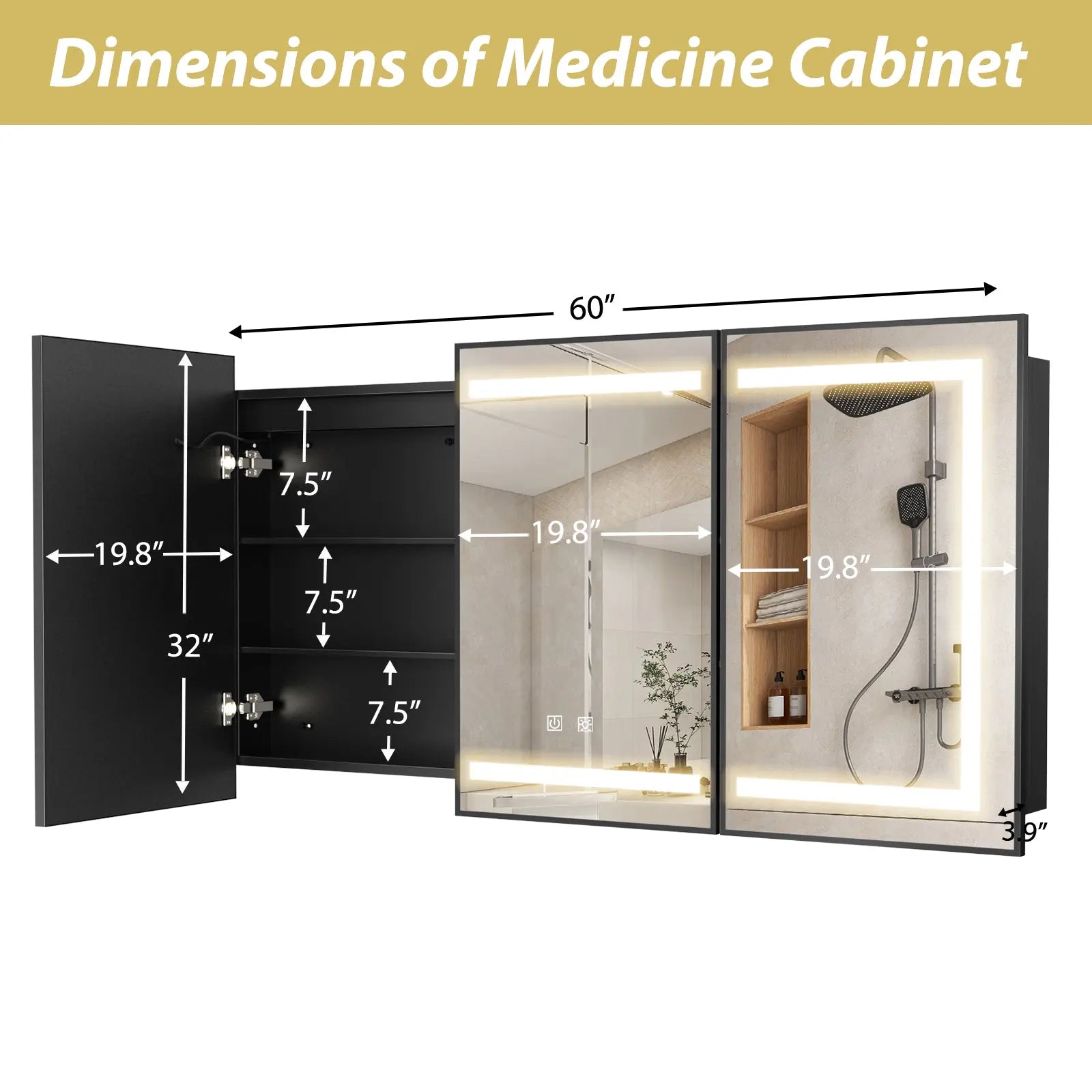 Hausvita Framed Recessed LED Light Bathroom Medicine Cabinet -Lager 