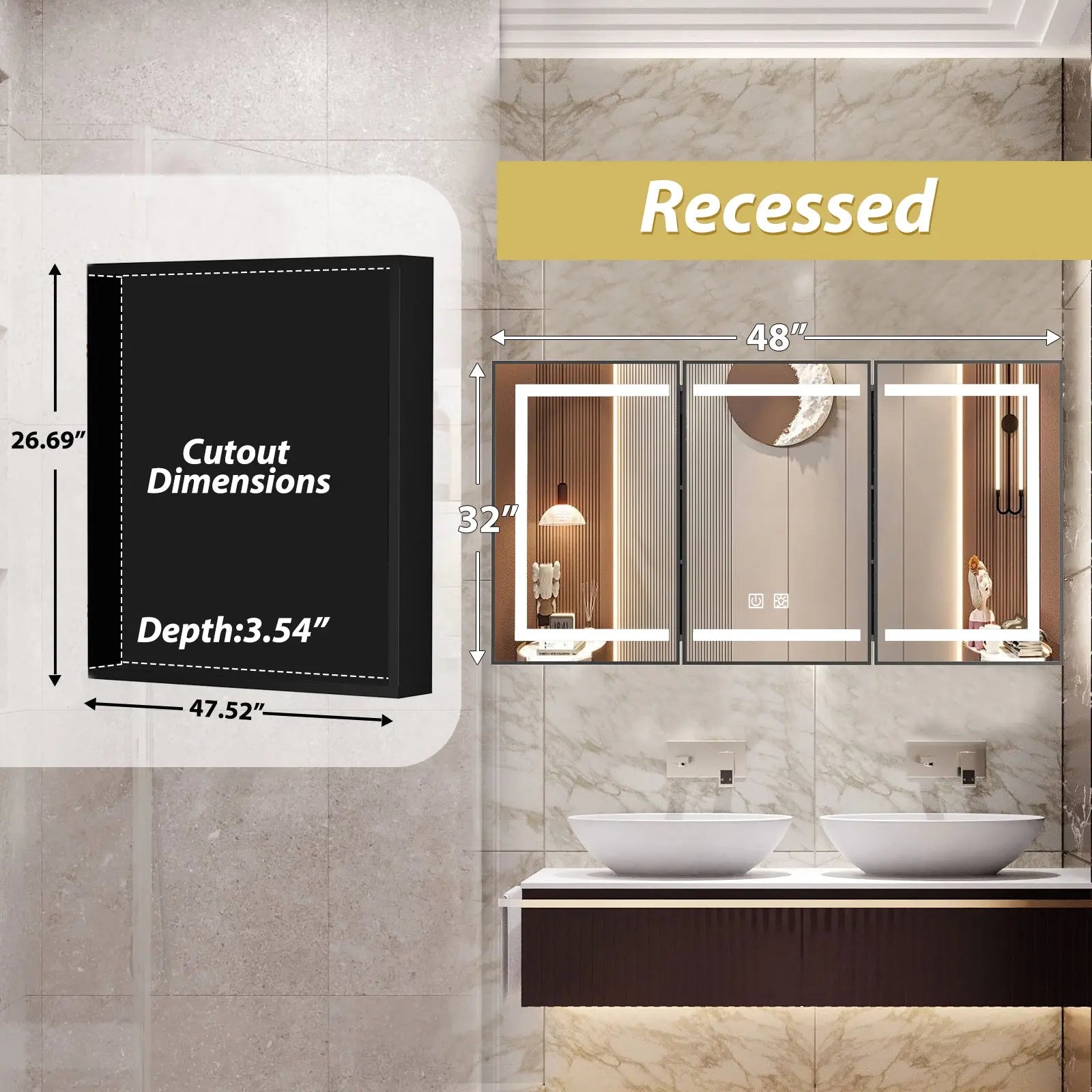 Hausvita Framed Recessed LED Light Bathroom Medicine Cabinet -Lager 