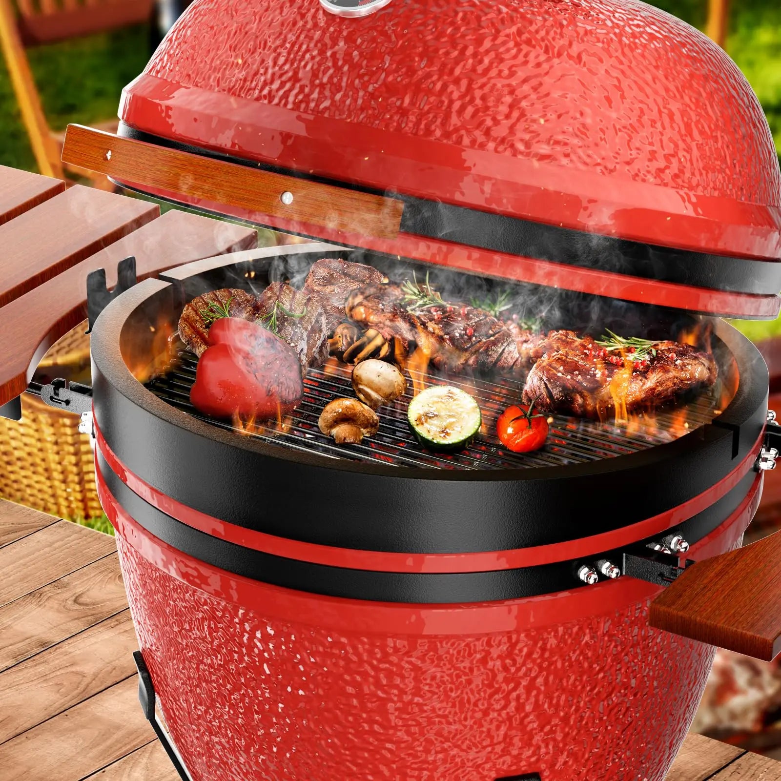 Hausvita Outdoor Larger Ceramic Kamado Charcoal Grill and Smoker with Cover 