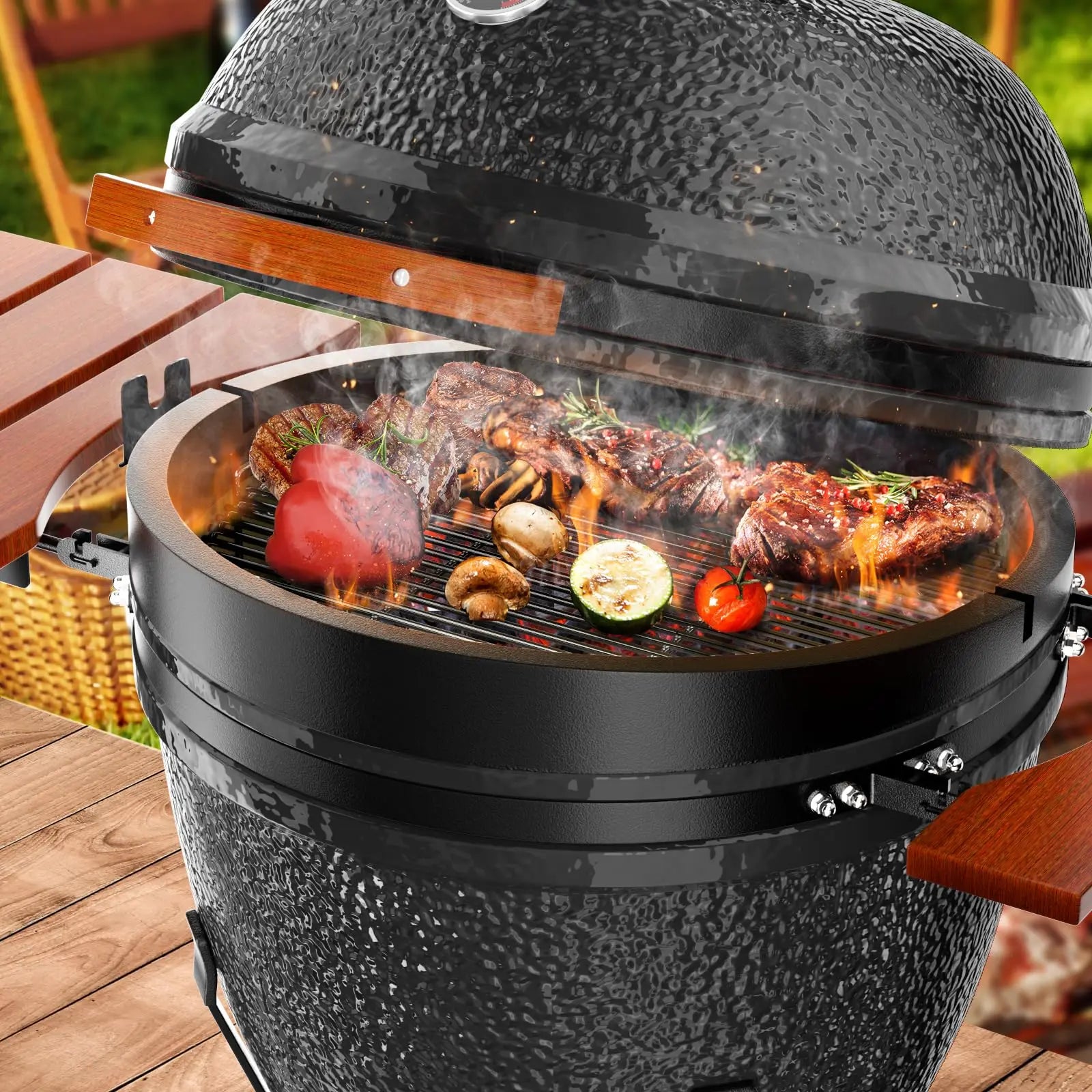 Hausvita Outdoor Larger Ceramic Kamado Charcoal Grill and Smoker with Cover 