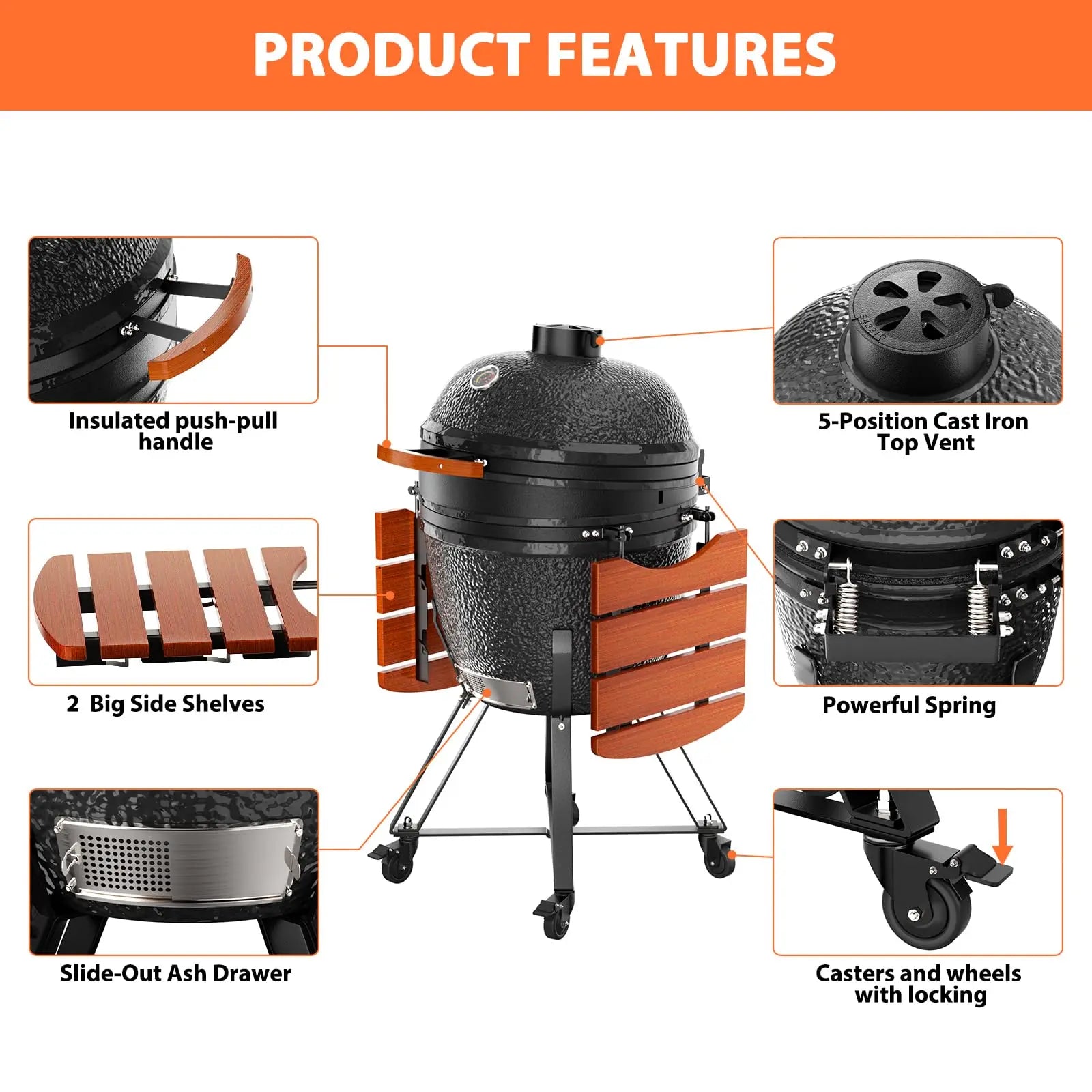 Hausvita Outdoor Larger Ceramic Kamado Charcoal Grill and Smoker with Cover 