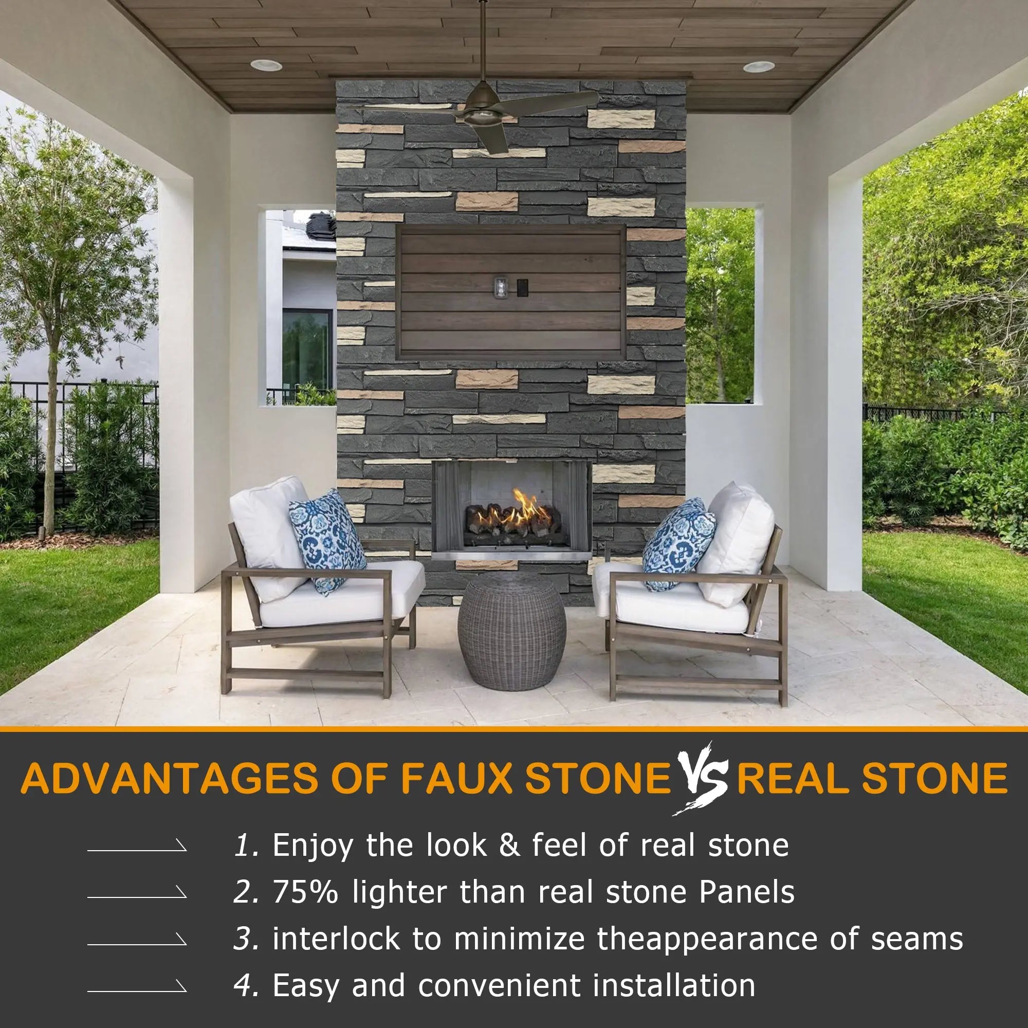 Hausvita PU Stone Panel Faux Stone Look Wall 47.24"L x11.81"W 