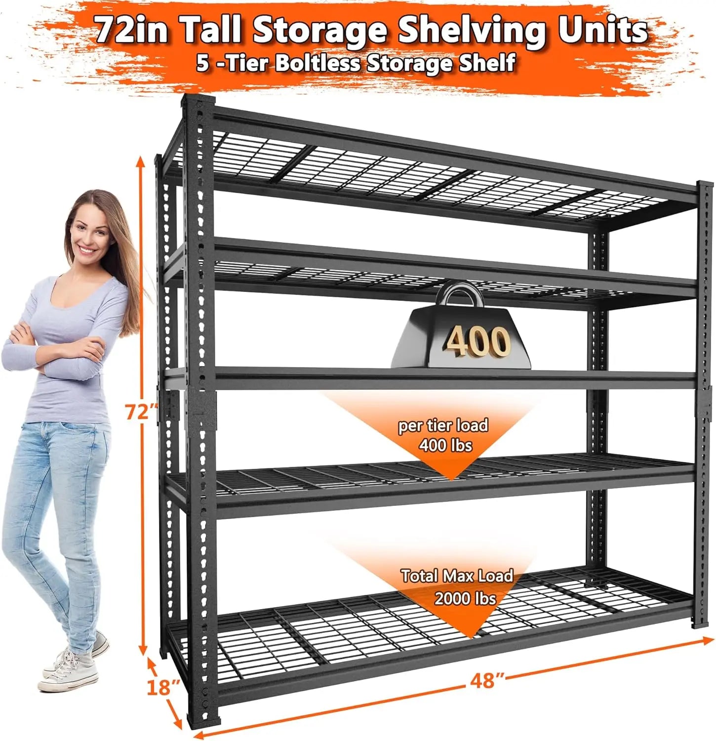 Hausvita Storage Shelves Heavy Duty, 48" L x 18" W x 72" H Garage Wire Shelving Unit Loads 2000LBS, 5-tier Adjustable Metal Industrial Utility Shelf Rack for Kitchen, Laundry Room, Pantry, Warehouse, Basement 