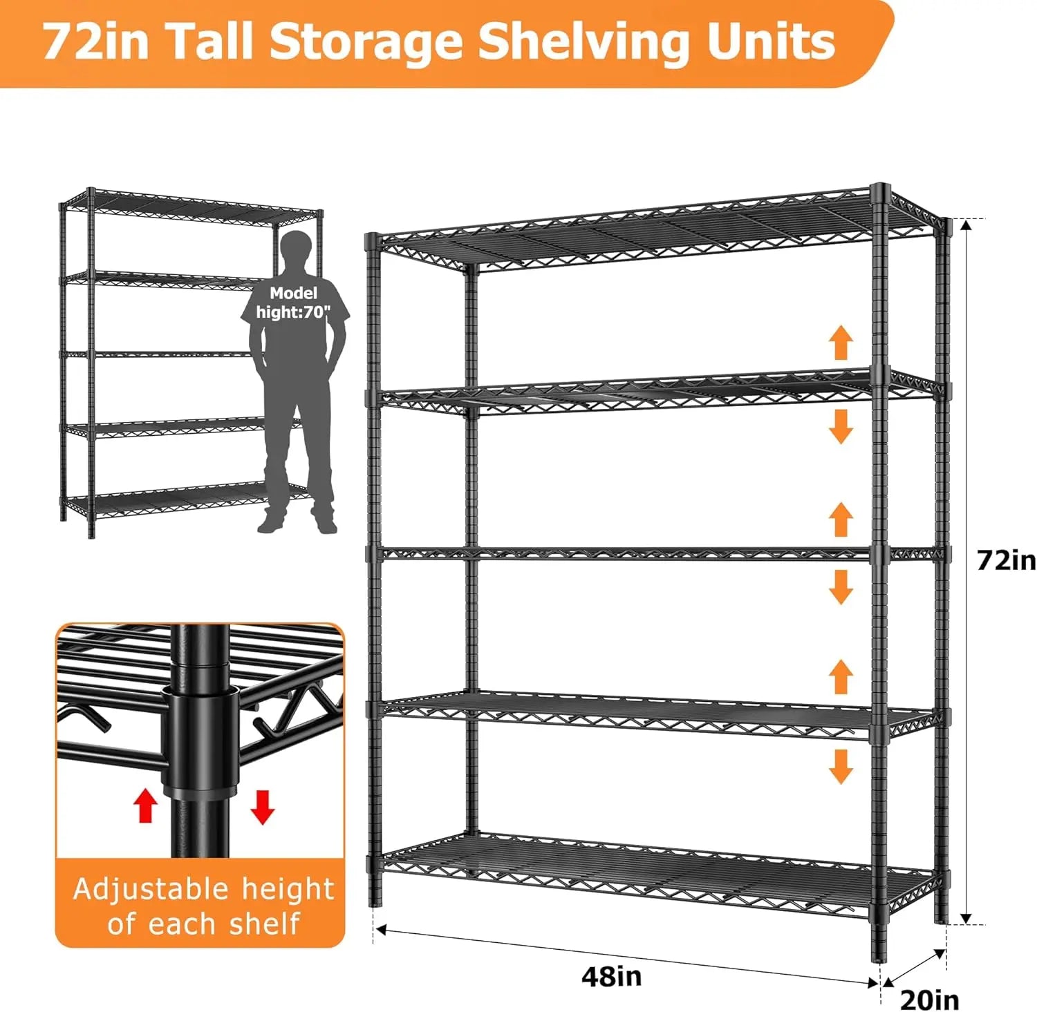 Hausvita Storage Shelves Heavy Duty, 48" L x 20" W x 72" H Garage Wire Shelving Unit Loads 2000LBS, 5-tier Adjustable Metal Industrial Utility Shelf Rack for Kitchen, Laundry Room, Pantry, Warehouse, Basement 