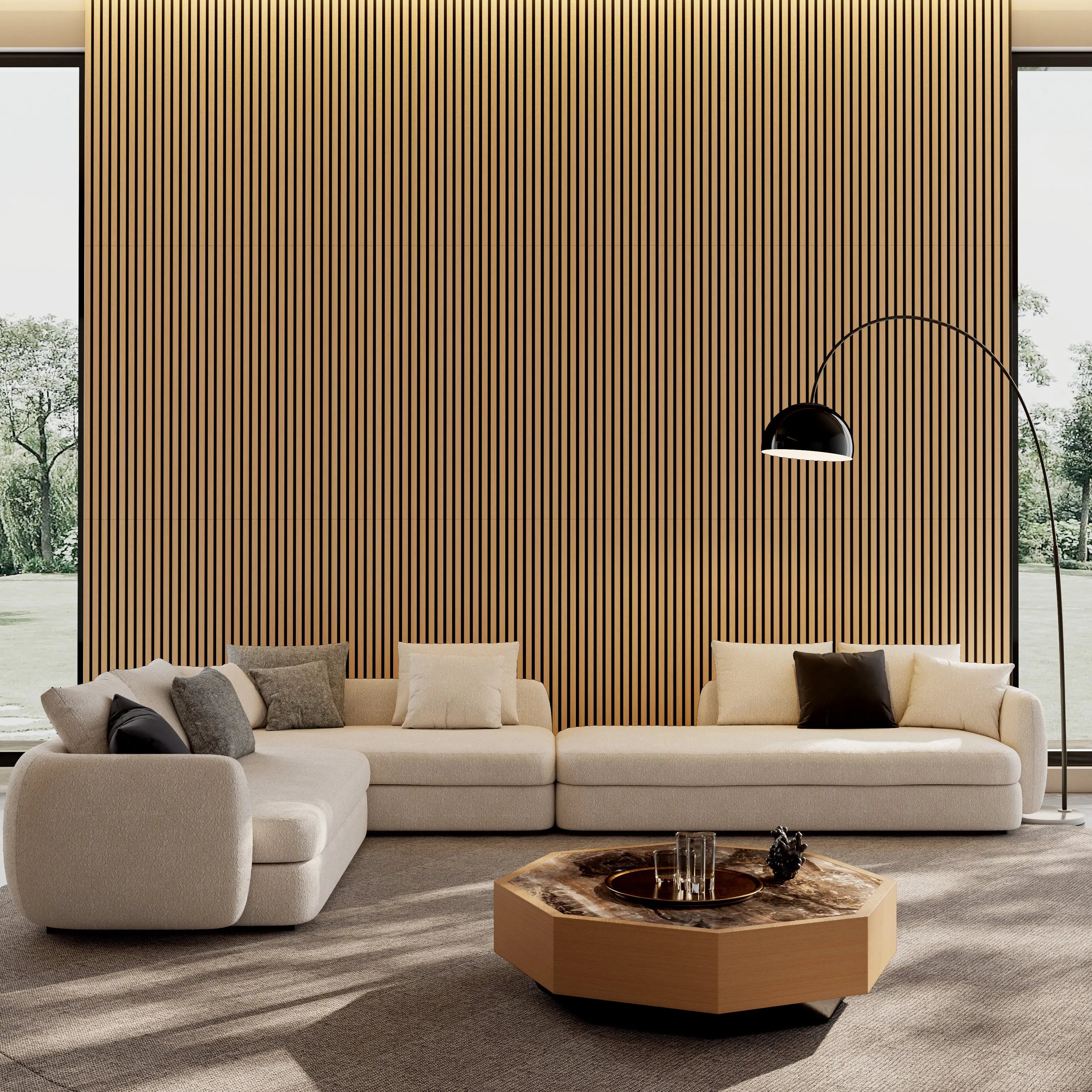 MDF White Oak Acoustic Slat Wood Wall Panels with 3 Sides Fully Wrapped 