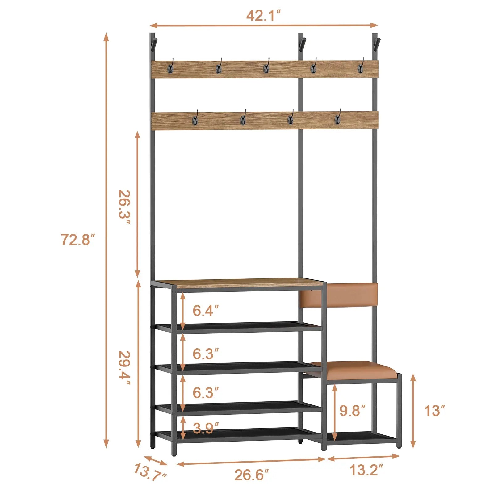 【New】Multifunctional Industrial Coat Rack With Padded Shoe Bench 