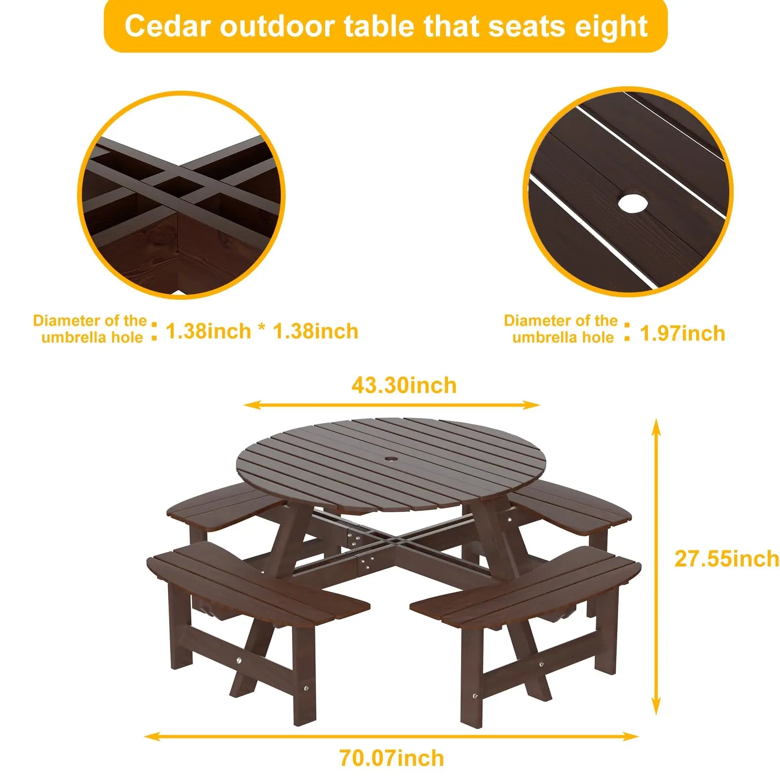 Outdoor 8 Person Wood Picnic Table Brown 