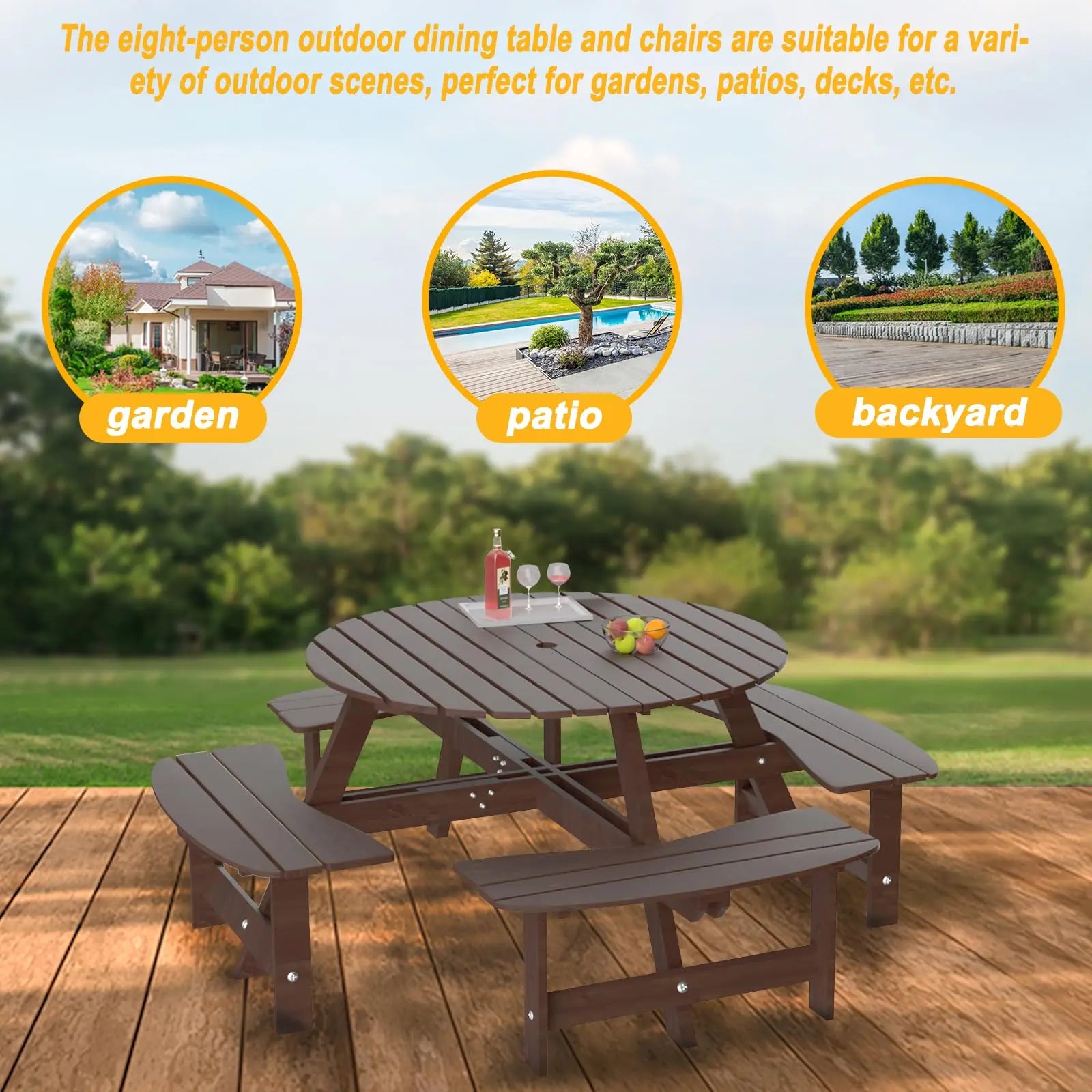 Outdoor 8 Person Wood Picnic Table Brown 