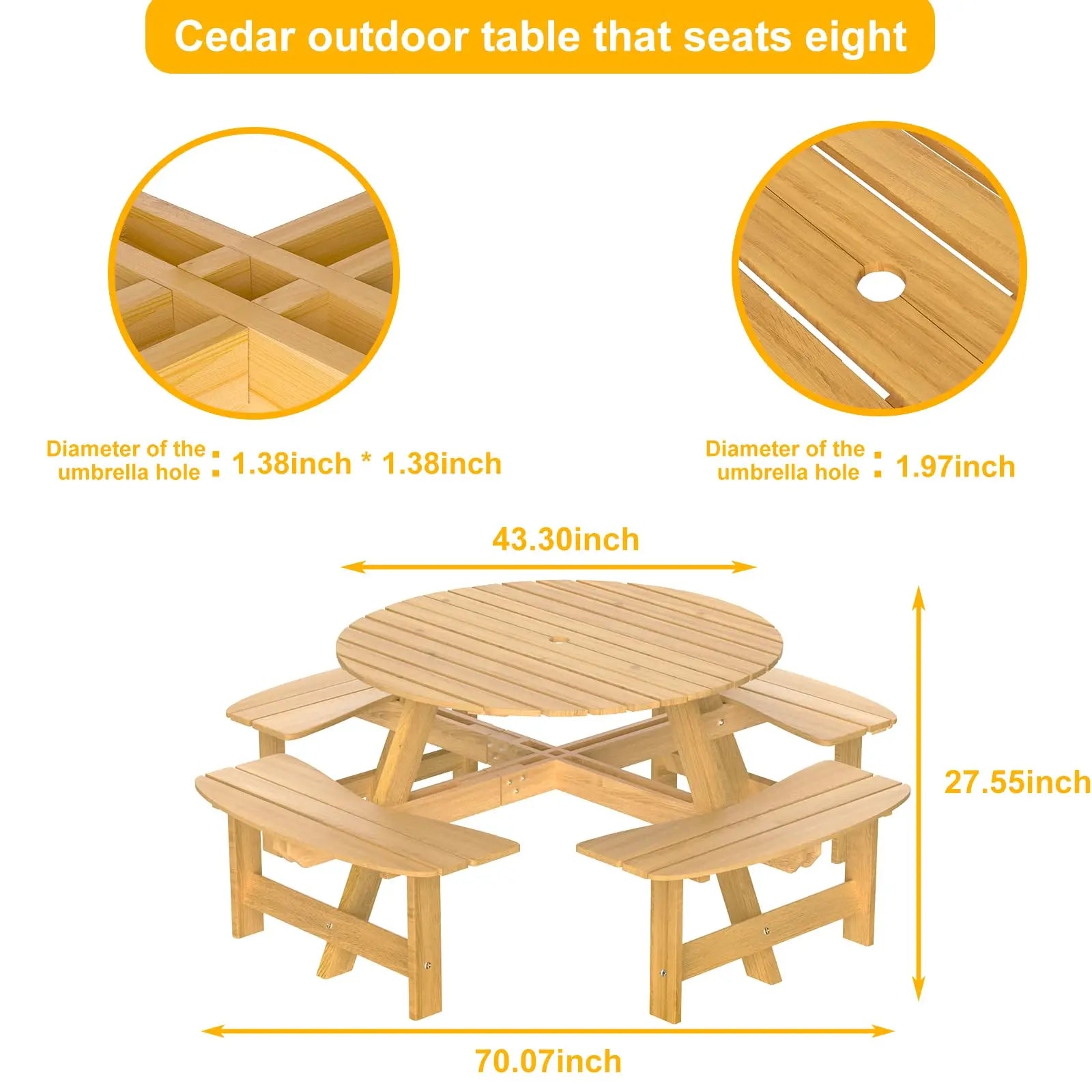 Outdoor 8 Person Wood Picnic Table Natural 