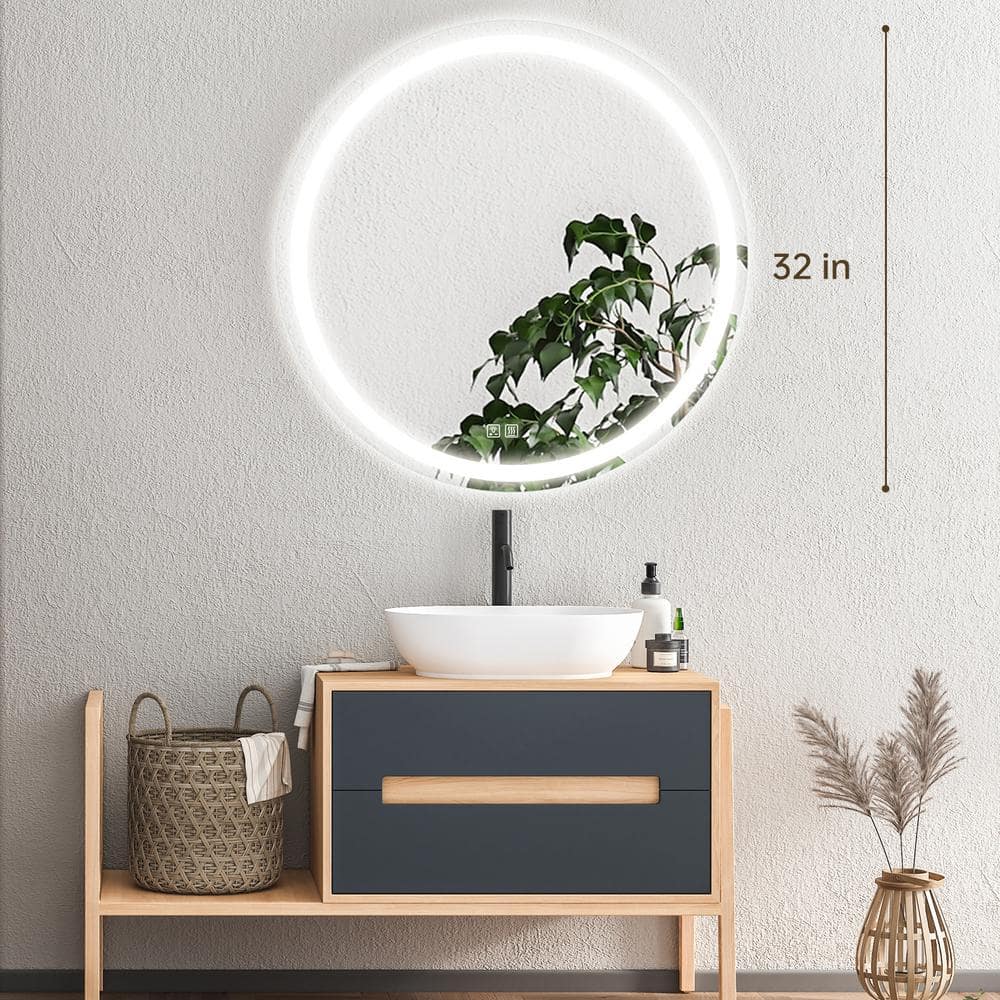 Round Led Backlit Bathroom Vanity Mirror With Dimmable Lights 