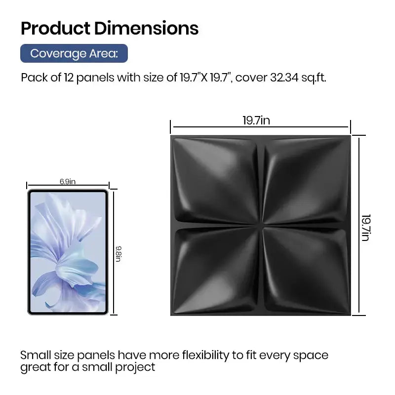 Black Flower Textured PVC Wall Panels Tiles Cover 32 Sq Ft 