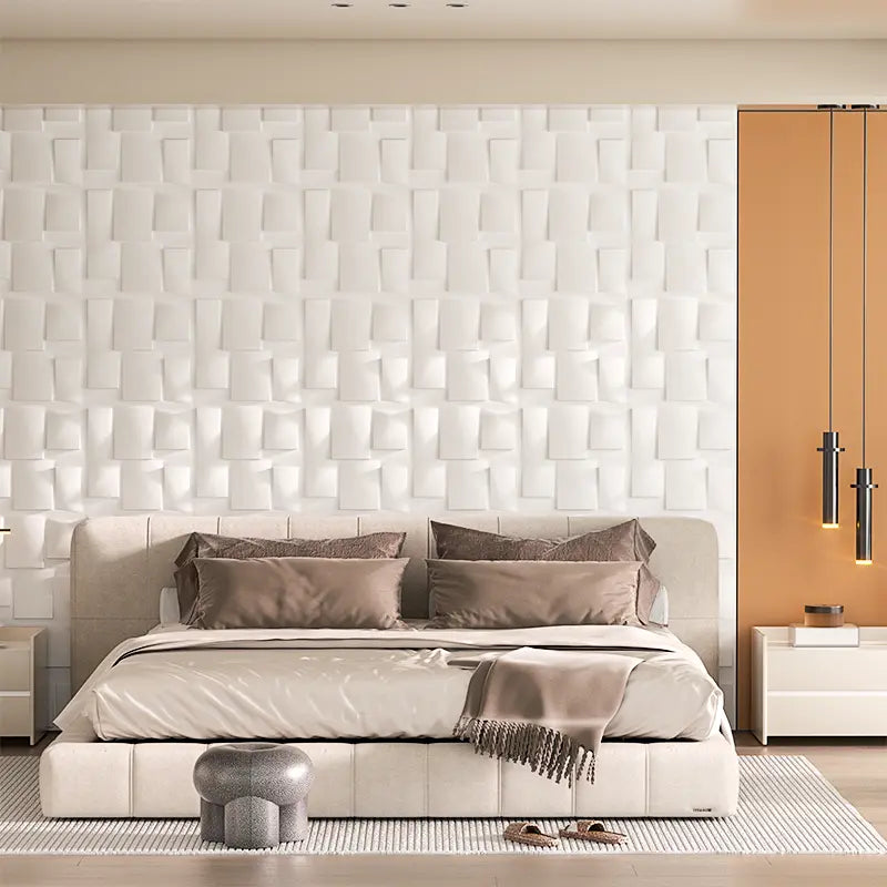 White Squares Textured PVC Wall Panels Tiles Cover 32 Sq Ft 