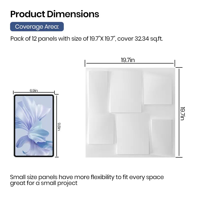 White Squares Textured PVC Wall Panels Tiles Cover 32 Sq Ft 